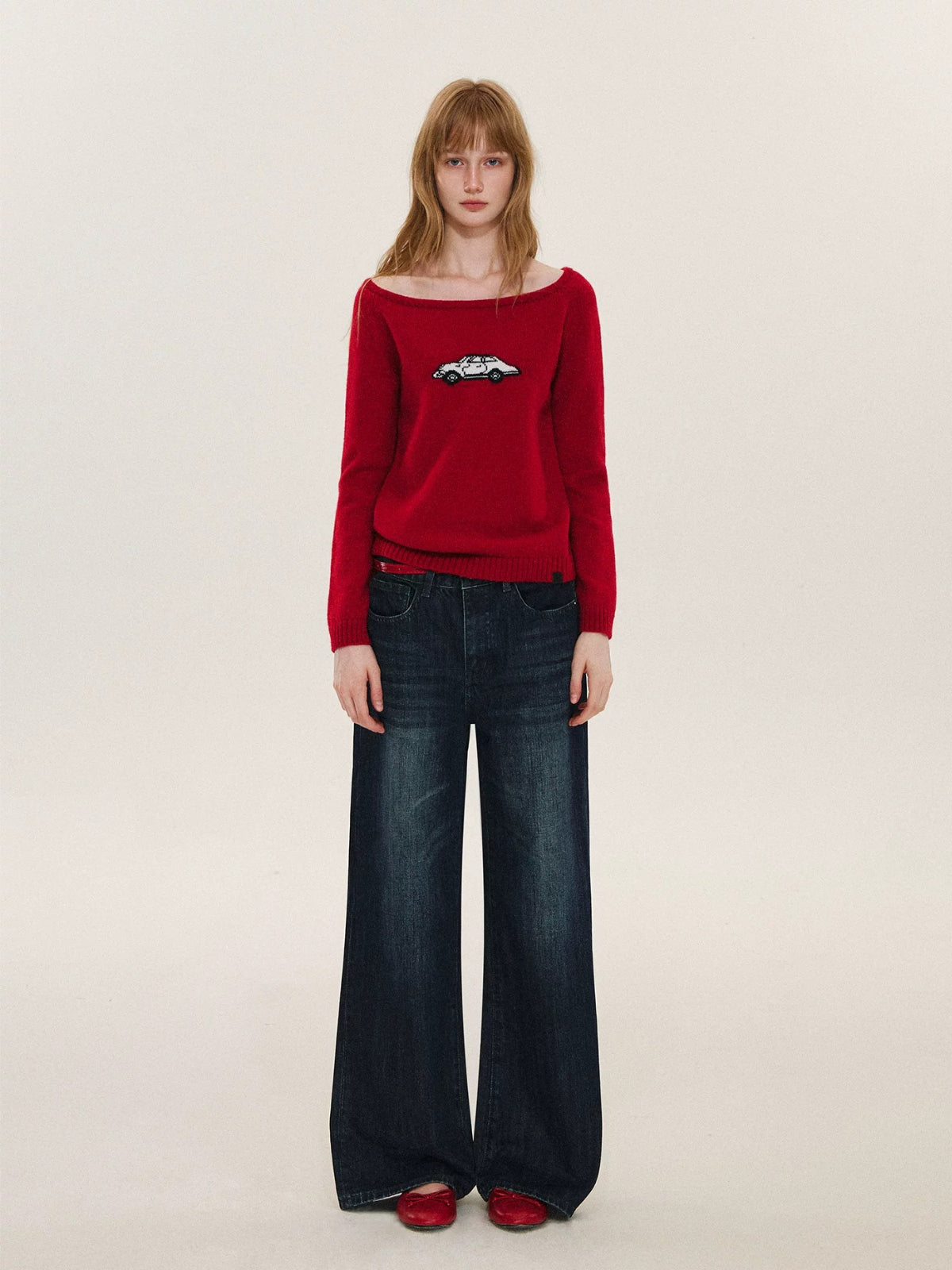 Car Motif Off Shoulder Sweater