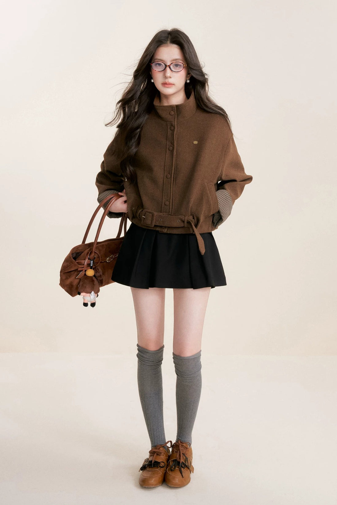 Plaid Trim Belted Coat