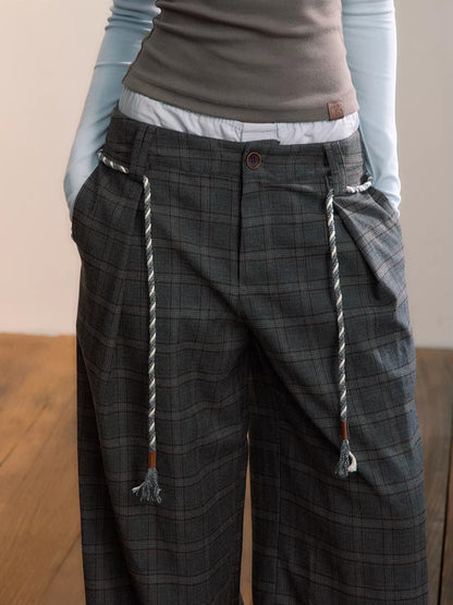 Double Waist Plaid Trousers