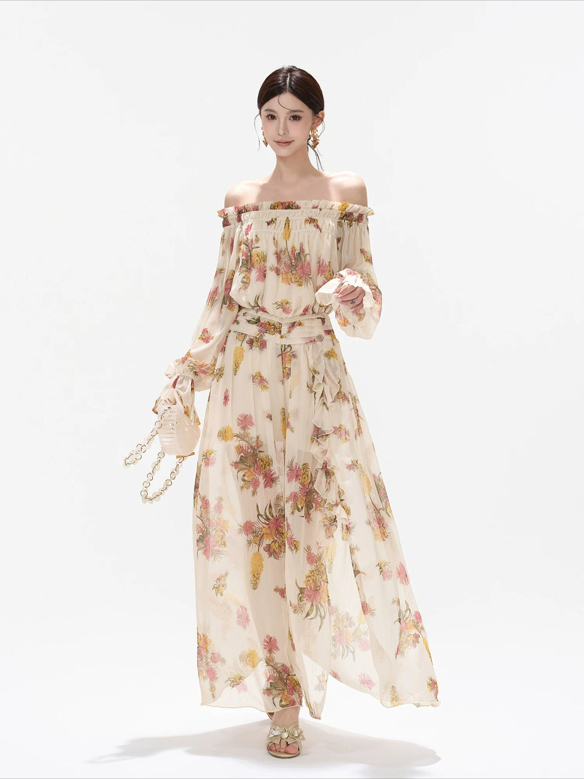 Floral Print Off Shoulder Chiffon Dress
