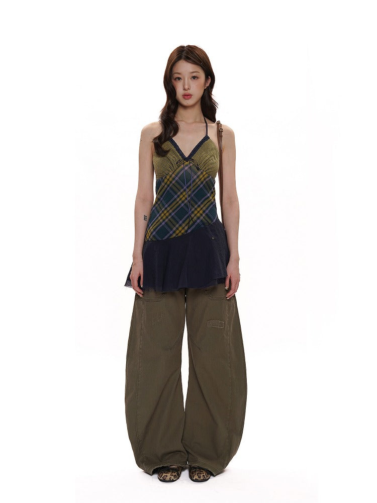 Vintage Double-Layer Cotton Plaid Cami Dress