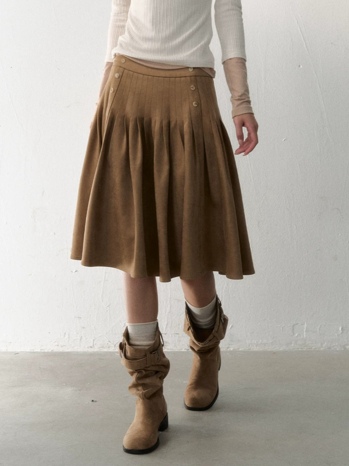 Side-Button Faux Suede Pleated Skirt