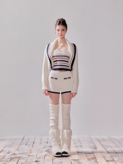 Striped Oversized Collar Knit Cardigan and Pants Set