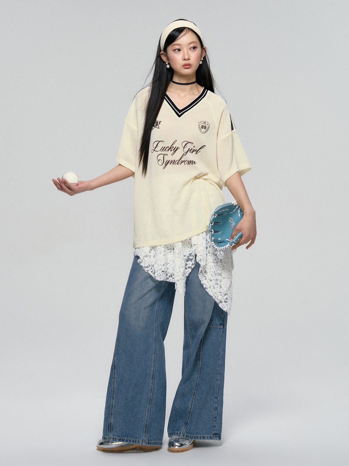Panel Stitch Lace Patch High Waist Jeans