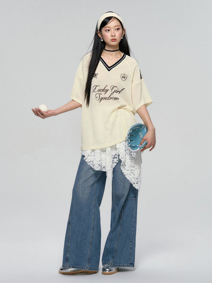Panel Stitch Lace Patch High Waist Jeans