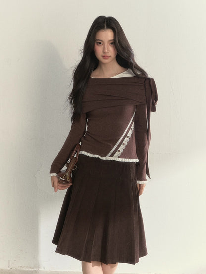 “Ribbon Shoulder” Off-Shoulder Knit Top