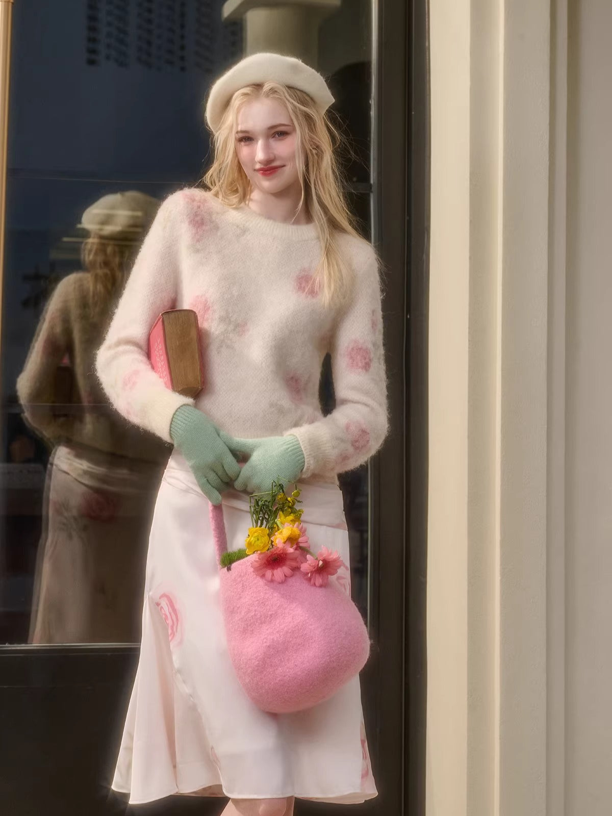 Pink Rose Embroidered Knit Set
