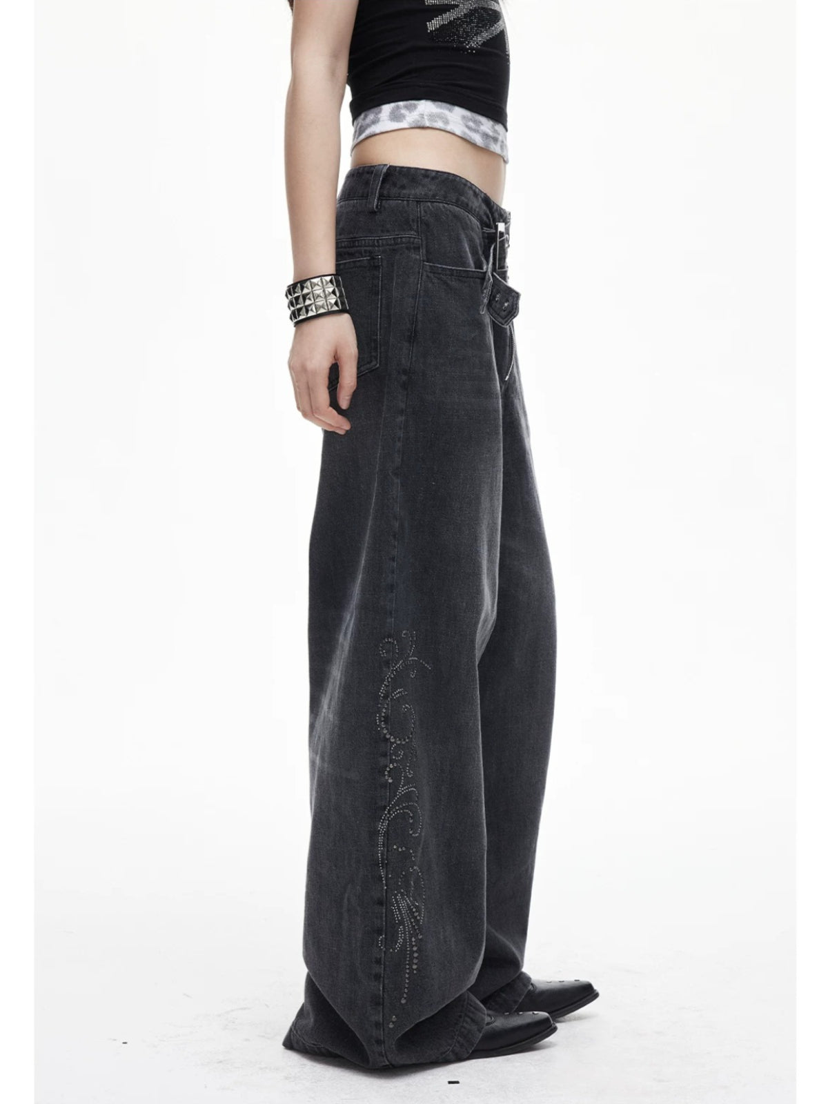 Gray Rivet Wide Leg Jeans