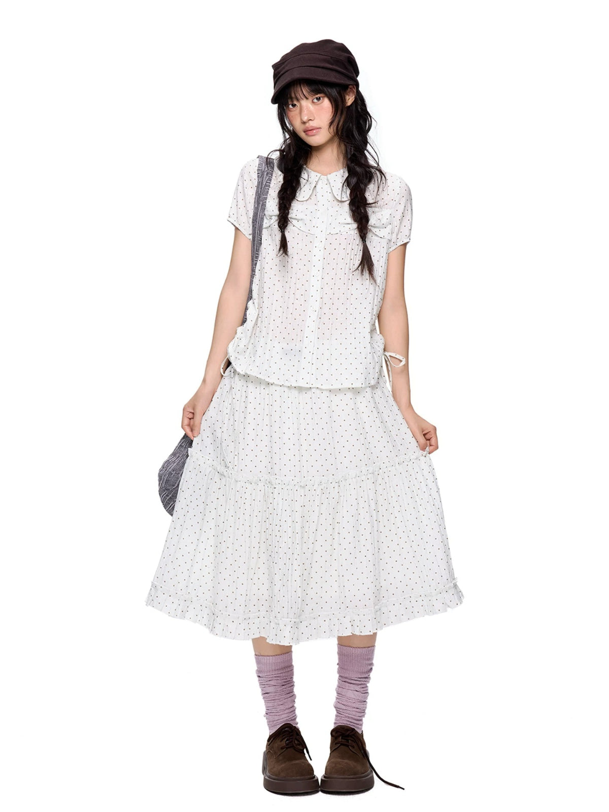 Polka Dot Collar Shirt &amp; Skirt Set