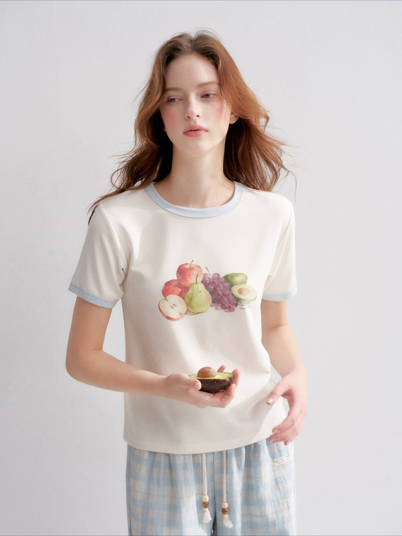 White And Blue Fruit Print Tee