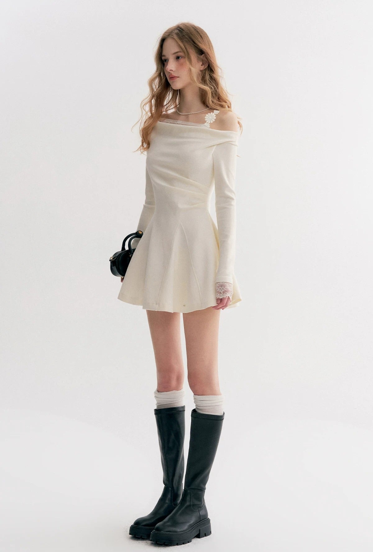 Beige Lace Off Shoulder Dress