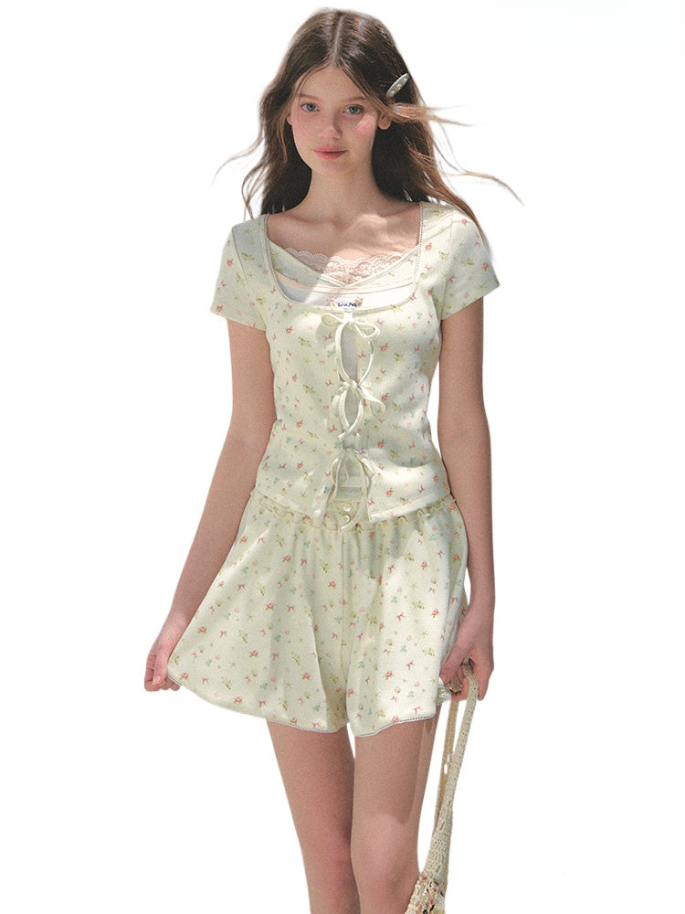 Sea Salt Flavor Printed Short-Sleeve Tie T-shirt &amp; Skirt Set