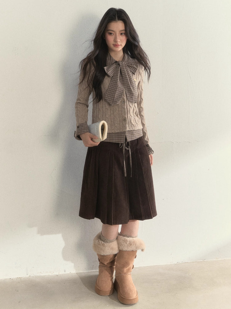 “Chestnut” Double-Waist Pleated Corduroy Skirt