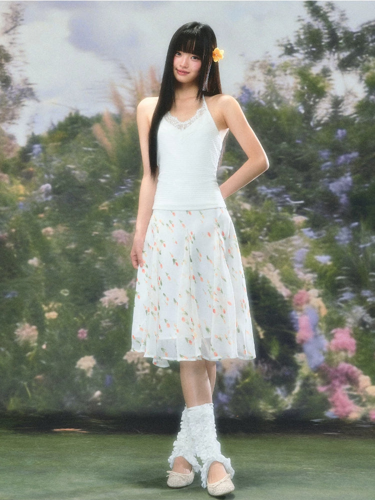 French Floral Chiffon Midi Skirt