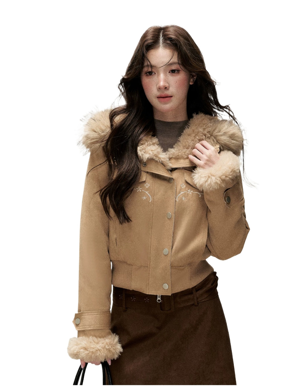 Embroidered Faux Suede Hooded Jacket
