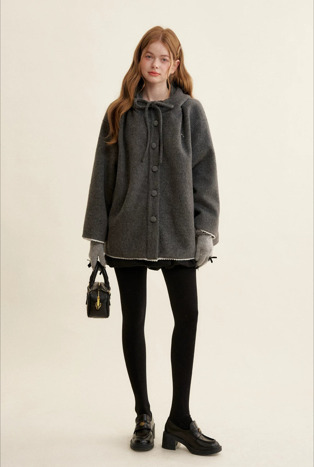 Gray Bow Hooded Cape Coat