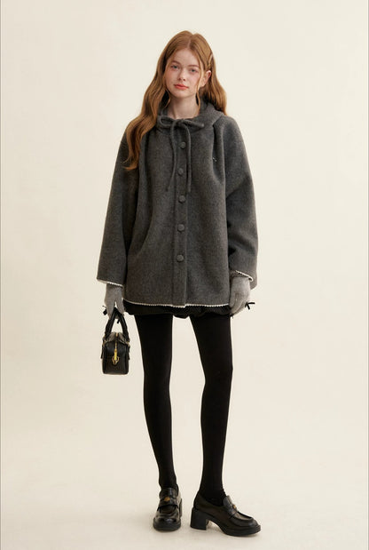 Gray Bow Hooded Cape Coat