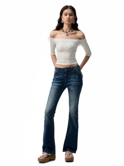 One-Shoulder Rhinestone Acetate Slim T-shirt