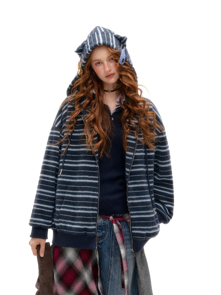 Striped Cat-Ear Hooded Jacket