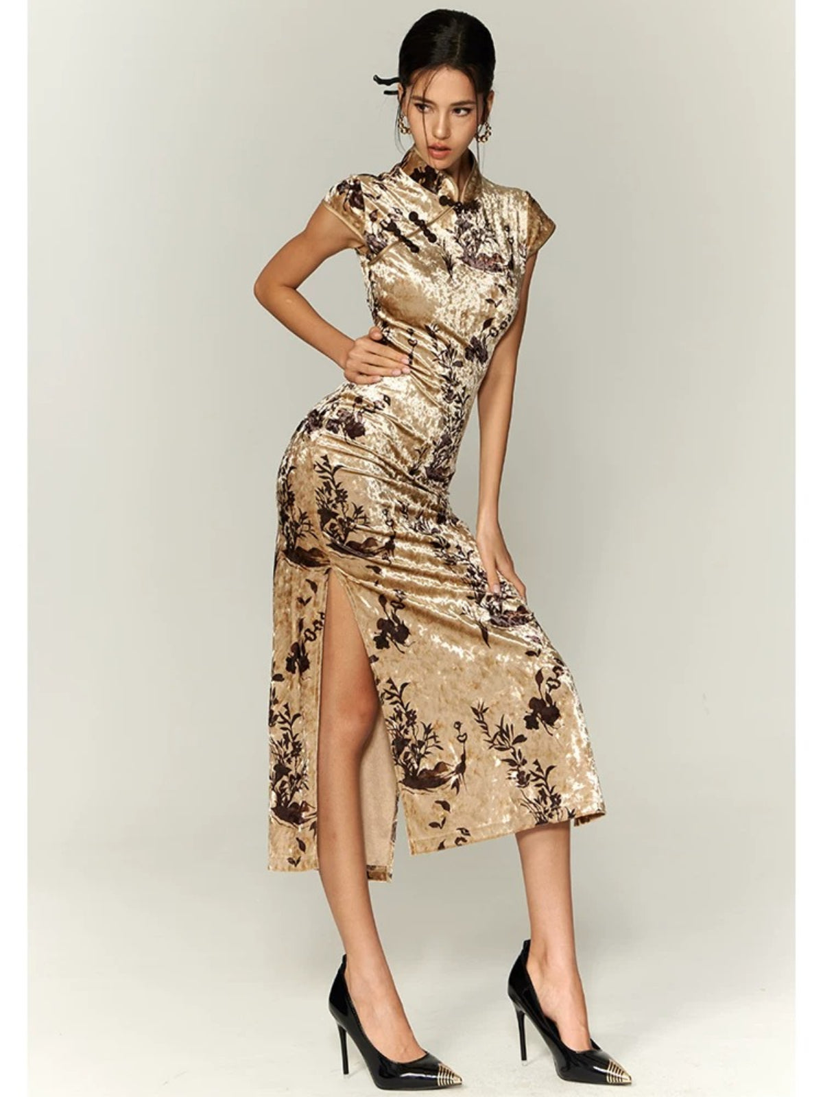 Khaki Velvet Printed Qipao Dress