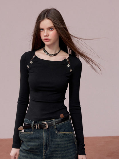 Rose Button Detail Fitted Long Sleeve Top