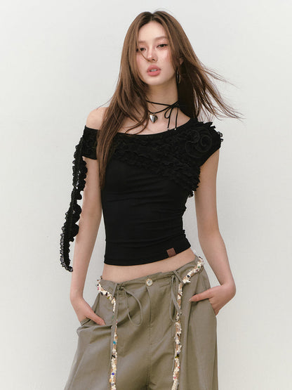 Lace-trimmed Flower Asymmetric T-shirt