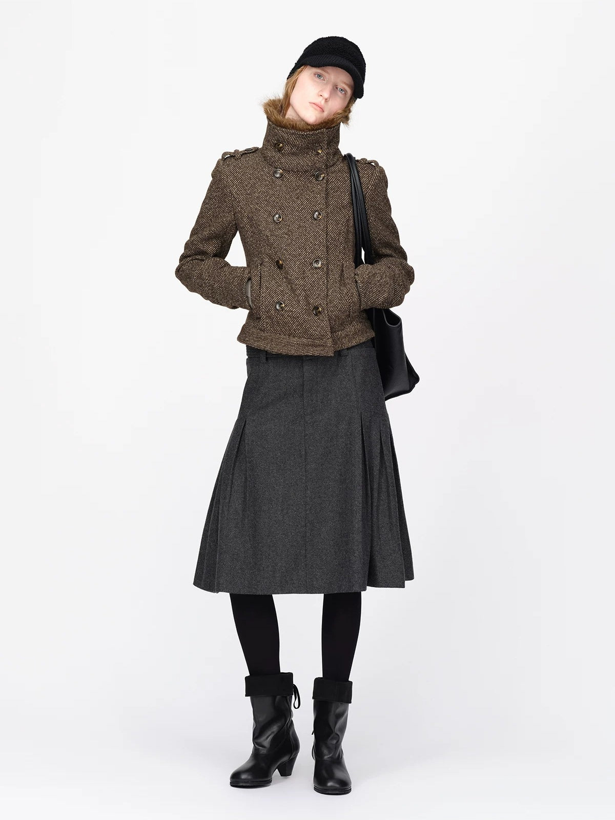 British Vintage Wool Fur Collar Coat