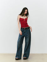 3D Rhinestone Wide - leg Denim Pants