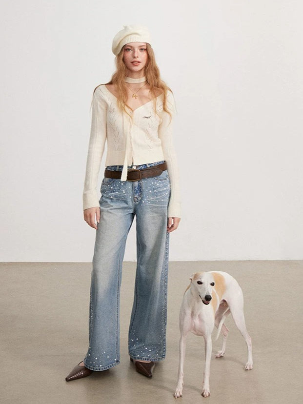 Crystal &amp; Pearl Embellished Jeans