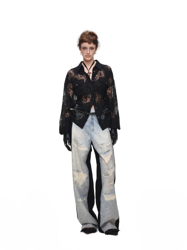 Lace Printed Wide Leg Jeans