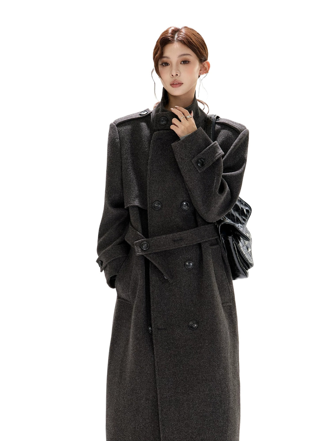Black Wide-Shoulder Wool Coat