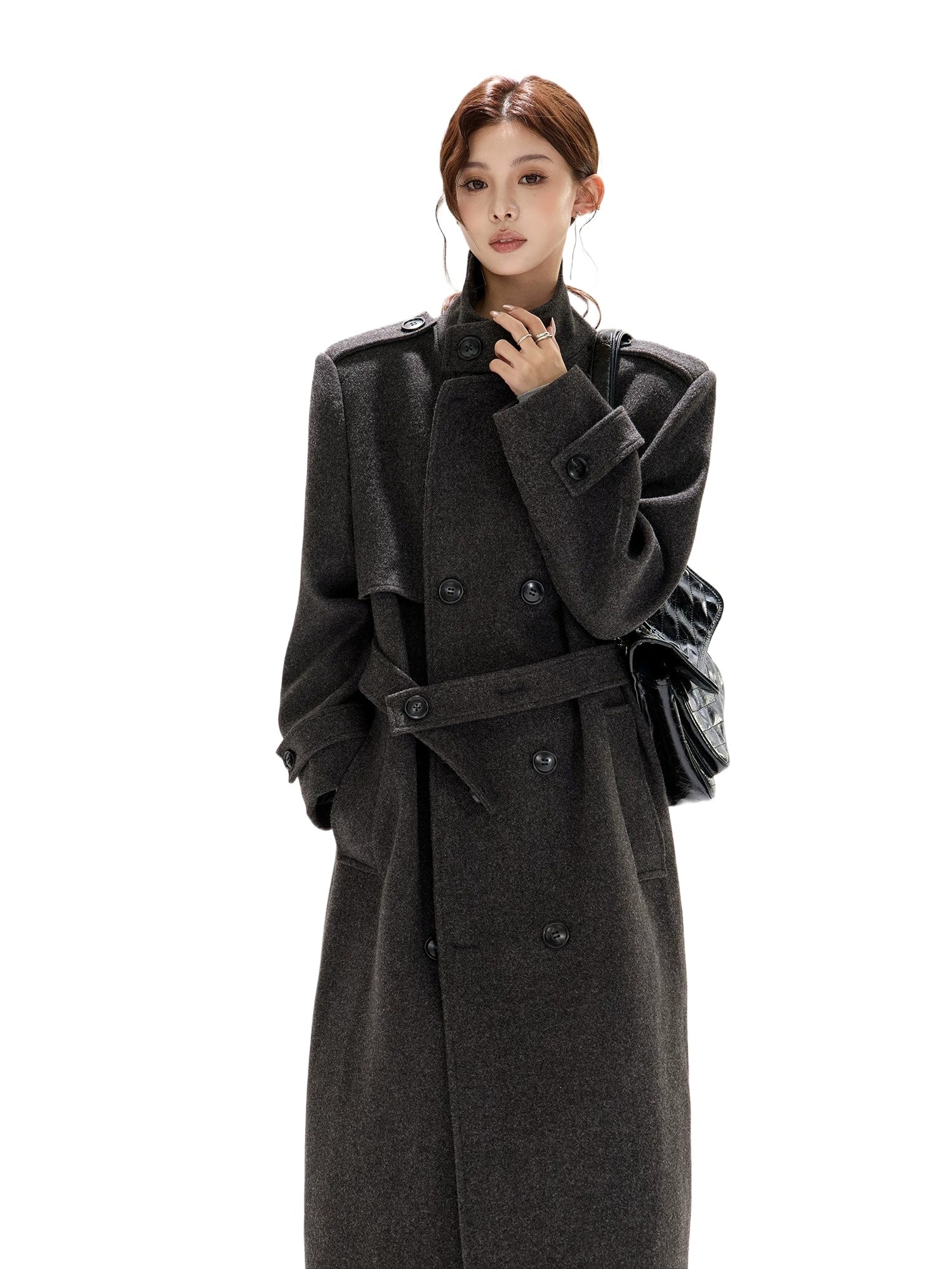 Black Wide-Shoulder Wool Coat