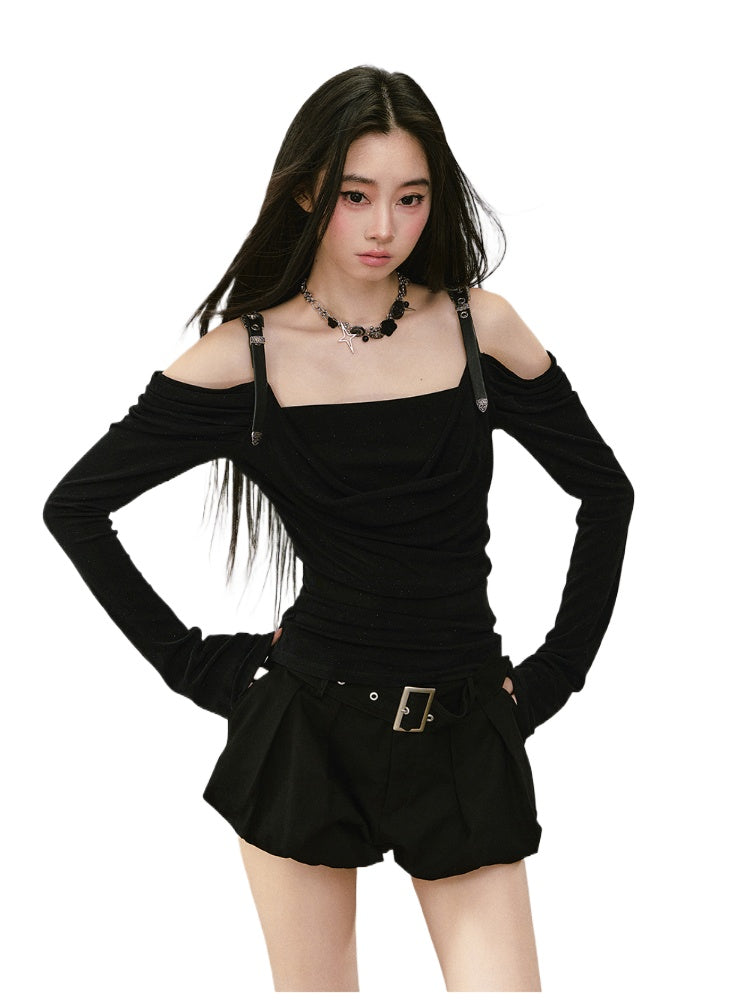Draped Neck Leather Strap Acetate One-shoulder T-shirt