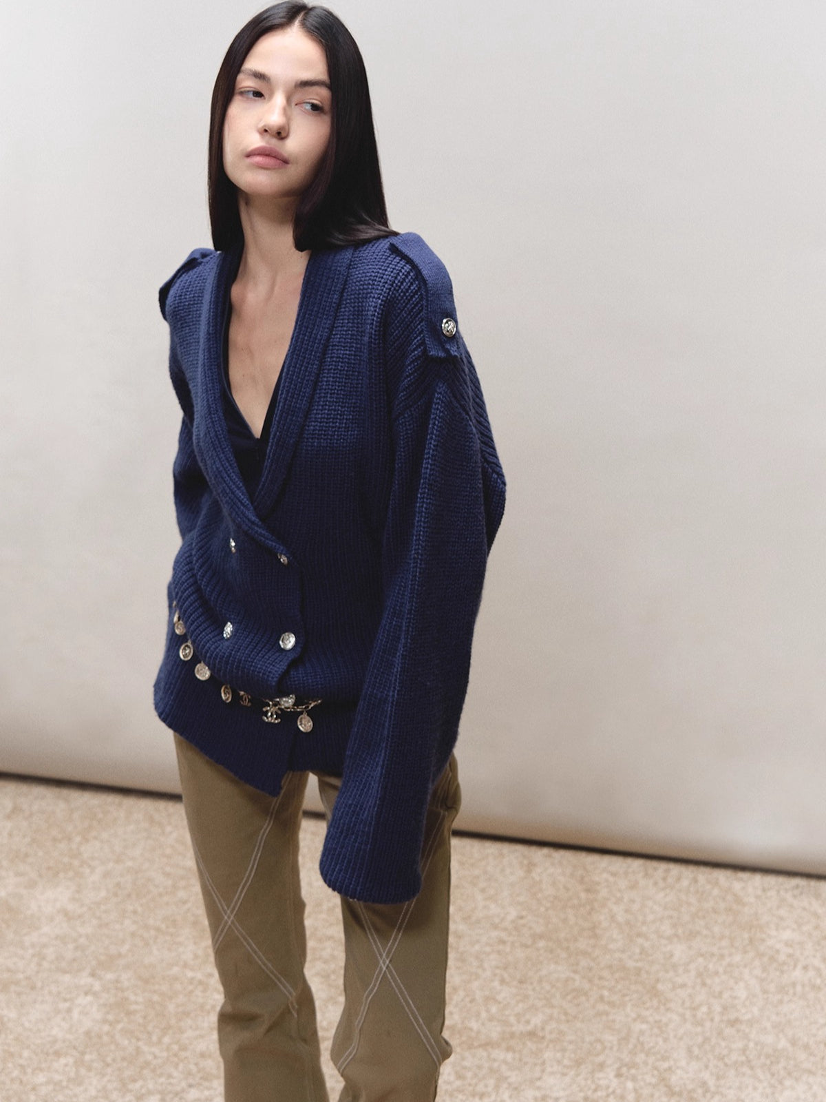 Wool Epaulet Double-Breasted Cardigan