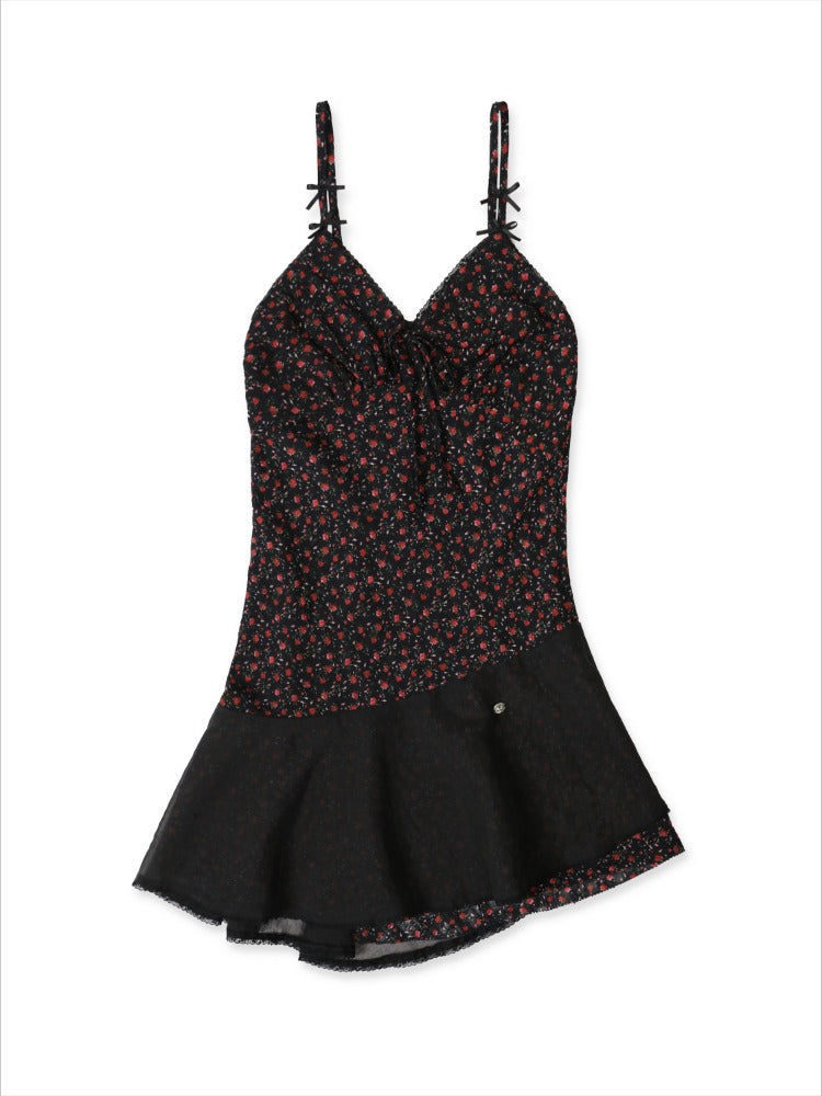 Plaid Floral Ribbon Bow Lace Trim Cami Dress