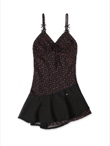 Plaid Floral Ribbon Bow Lace Trim Cami Dress