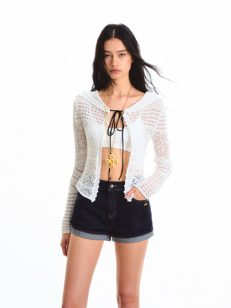 Hooded Hollow-Out Lightweight Cardigan