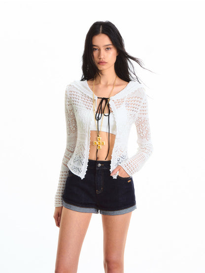 Hooded Hollow-Out Lightweight Cardigan