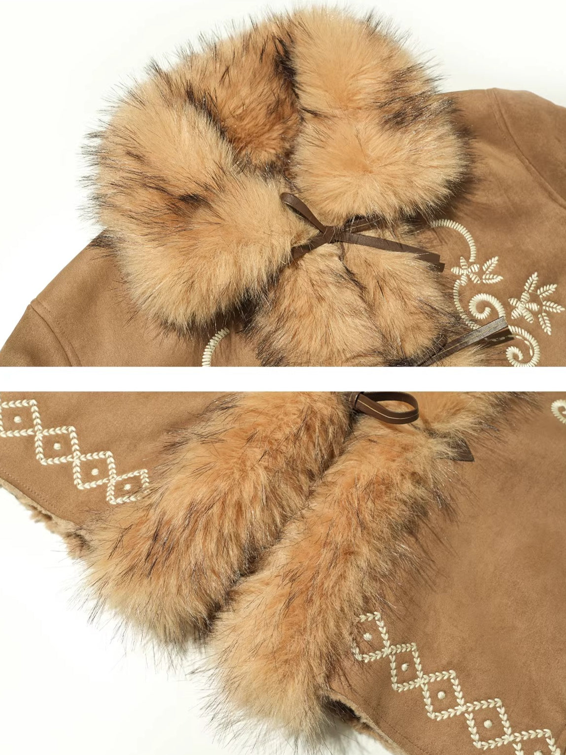 Embroidered Faux Fur Trim Jacket