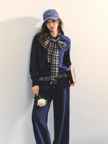 Navy Blue Plaid Bow-Tie Sweatshirt &amp; Pants Set