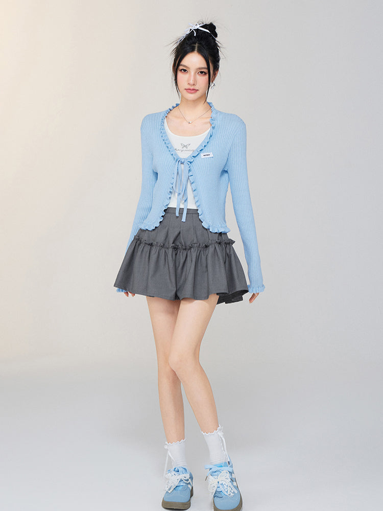 V - neck Ruffled Tie - front Knit Cardigan