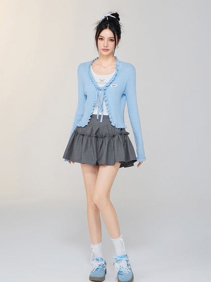 V - neck Ruffled Tie - front Knit Cardigan