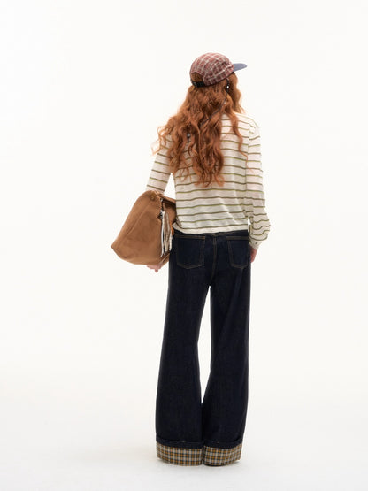 Beige &amp; Blue Striped Polo Knit T-shirt