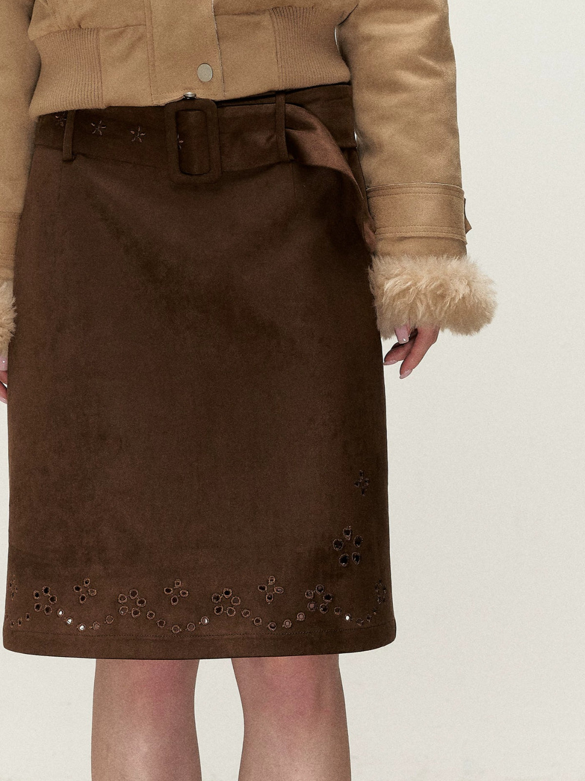 Vintage Embroidered Faux Suede Midi Skirt