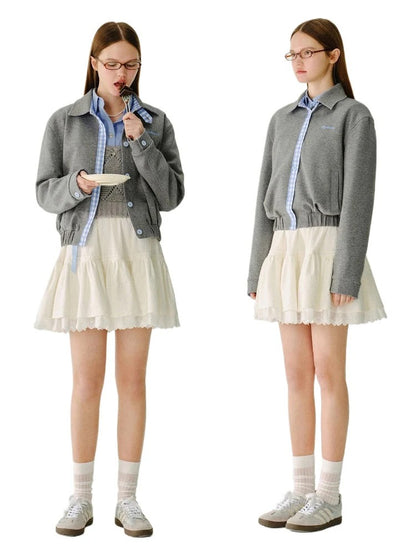Collared Sweatshirt Patchwork Short Jacket