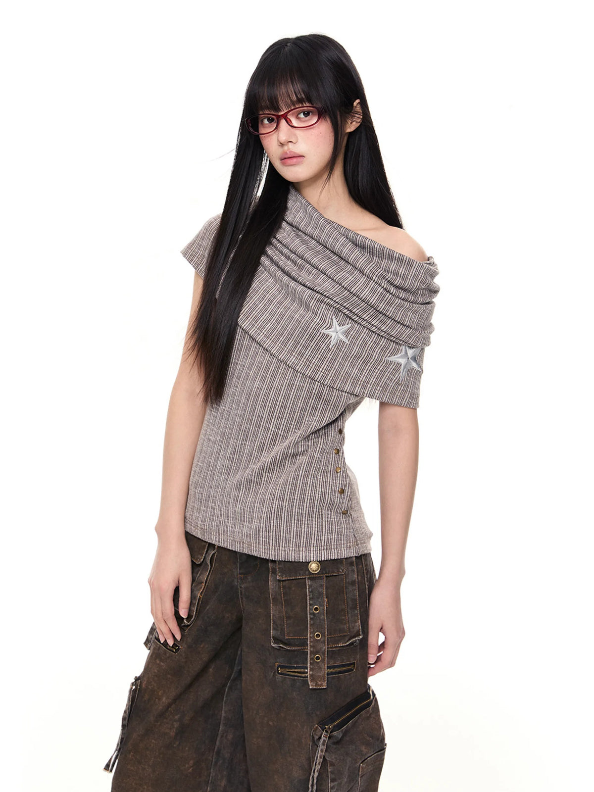 Asymmetric Striped Knit Shoulder Top