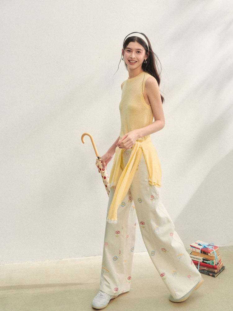 Floral Embroidered Casual Straight-leg Pants