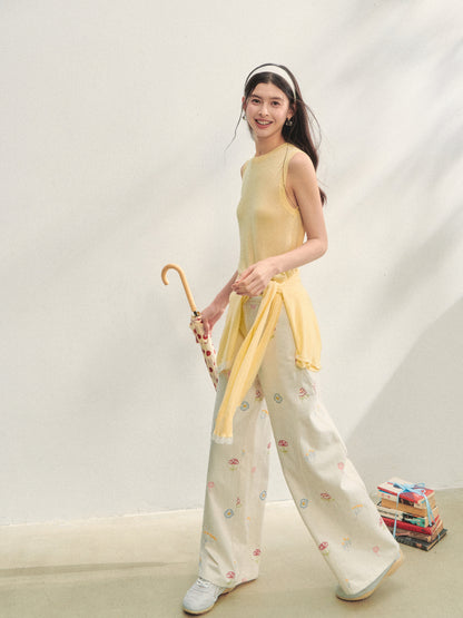 Floral Embroidered Casual Straight-leg Pants
