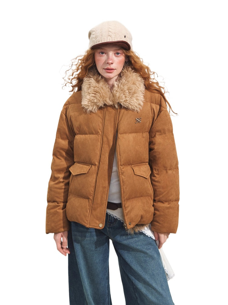Faux Suede Fur Collar Down Jacket