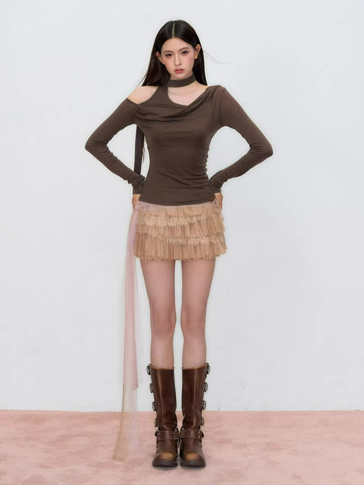 Asymmetrical Ribbon Off-Shoulder Knit Tee